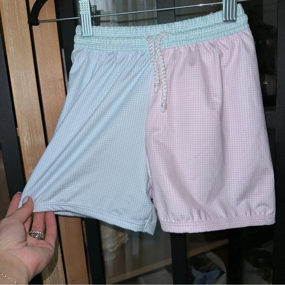 Lullaby Set toddler boys swim trunks shorts pastel gingham pink green colorblock